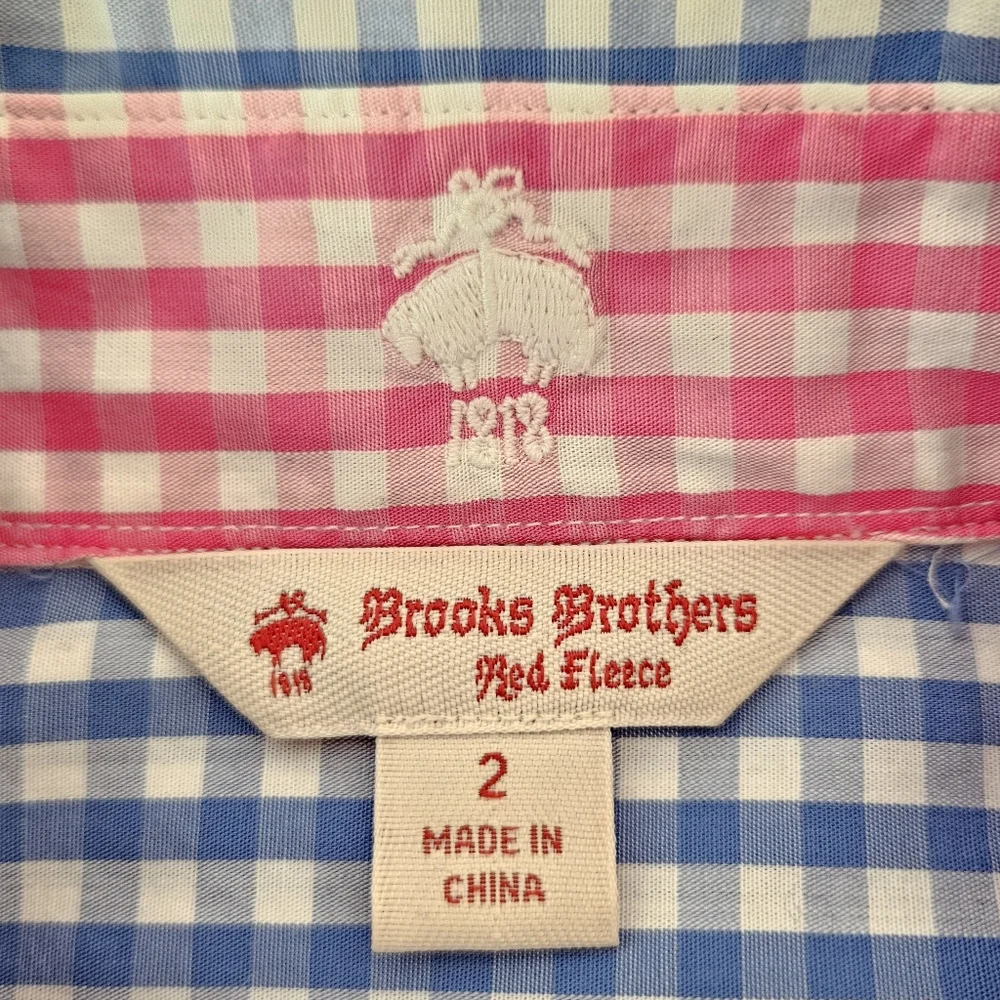 Brooks Brothers Blue Gingham Button Down Shirt Pink Contrast Trim Size 2